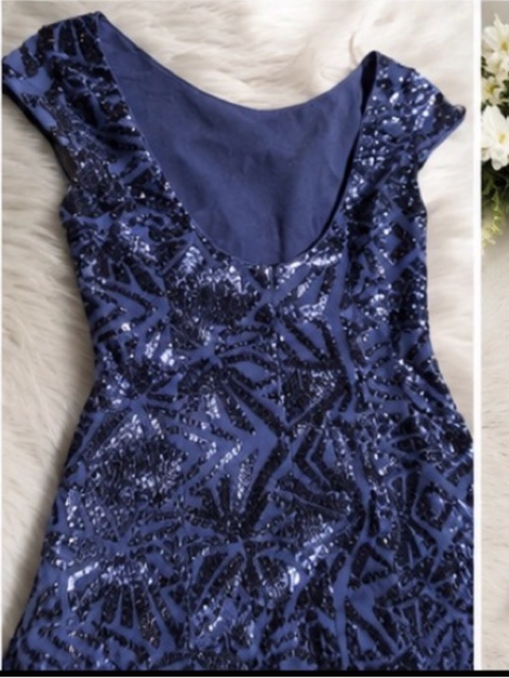 Navy Sequin Cap-Sleeve Evening Dress